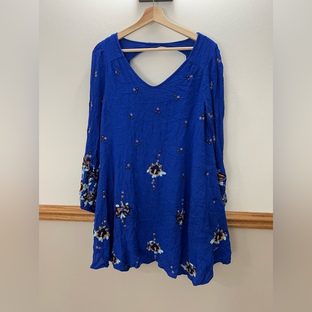 Free People Cobalt Blue Long Sleeve Floral Shift Dress - Picture 3 of 12